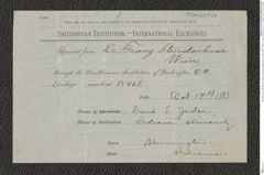Nachlass Franz Steindachner, Blatt (Empfangsbestätigung) von David Starr Jordan an Franz Steindachner (17.10.1883), Inv.Nr. 259.08, Seite 1